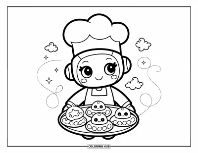 Dibujo de robots para colorear para adultos: Un robot panadero diminuto sostiene pasteles con remolinos de harina juguetones alrededor