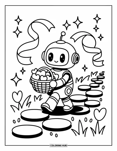 Dibujo de robots para colorear para adultos: Un robot diminuto pasea con frutas en forma de corazón, rodeado de brillos y cintas
