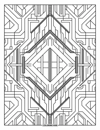 Dibujo de robots para colorear para adultos: Un mosaico abstracto de símbolos robóticos, microchips y líneas de conexión