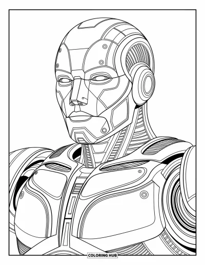Dibujo de robots para colorear para adultos: Primer plano del rostro de un robot con armadura grabada y patrones decorativos