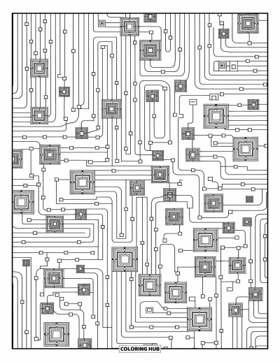 Dibujo de robots para colorear para adultos: Símbolos robóticos interconectados, microchips y líneas formando un mosaico intrincado