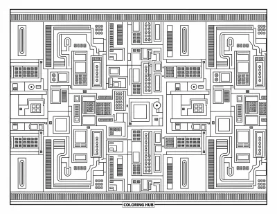 Dibujo de robots para colorear para adultos: Paneles mecánicos y cables llenan el espacio con patrones artísticos y bordes decorativos