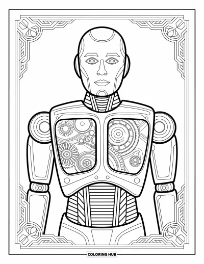 Dibujo de robots para colorear para adultos: Robot con paneles del pecho abiertos y bordes decorativos detallados