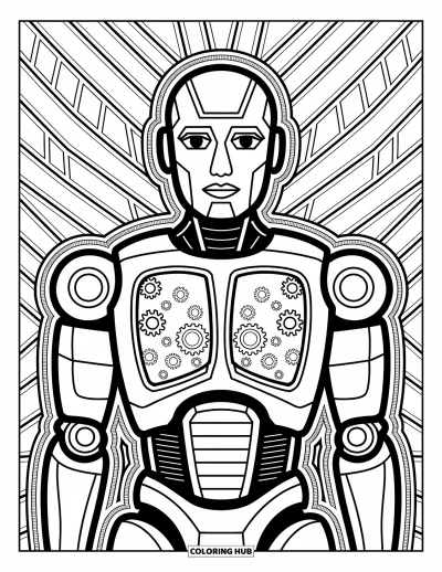 Dibujo de robots para colorear para adultos: Robot con paneles del pecho abiertos que muestran engranajes y circuitos en el interior