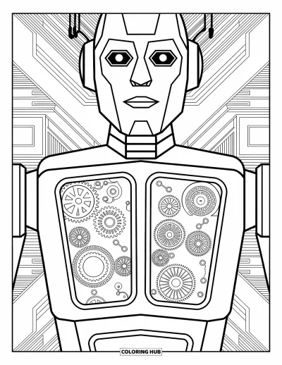 Dibujo de robots para colorear para adultos: Robot con paneles del pecho abiertos rodeado de formas geométricas y patrones orgánicos