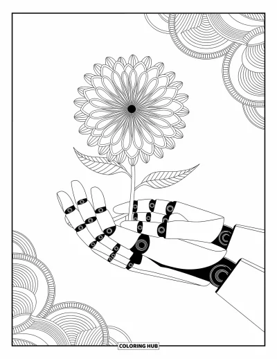 Dibujo de robots para colorear para adultos: Manos robóticas acunando una flor mecánica detallada con pétalos intrincados
