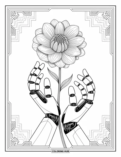 Dibujo de robots para colorear para adultos: Manos robóticas sosteniendo suavemente una flor mecánica con pétalos en capas