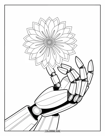 Dibujo de robots para colorear para adultos: Manos robóticas sosteniendo suavemente una flor mecánica con pétalos ornamentados en capas