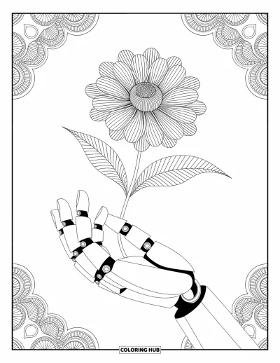 Dibujo de robots para colorear para adultos: Manos robóticas sostienen una flor mecánica de filigrana rodeada de patrones delicados