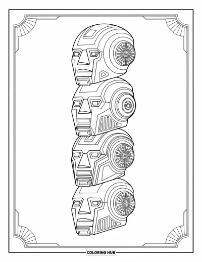 Dibujo de robots para colorear para adultos: Cabezas de robot apiladas con diferentes rasgos mecánicos y bordes decorativos