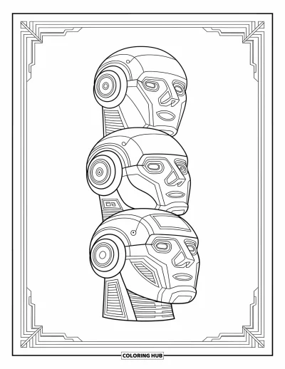 Dibujo de robots para colorear para adultos: Cabezas de robot apiladas con patrones ornamentados y elegantes bordes decorativos