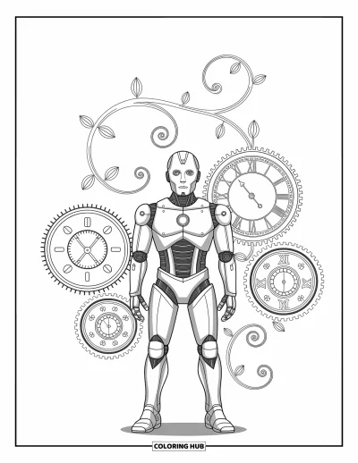 Dibujo de robots para colorear para adultos: Robot steampunk con engranajes y ruedas dentadas fusionados con patrones ornamentales y relojes
