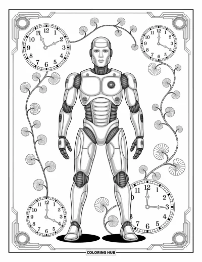 Dibujo de robots para colorear para adultos: Robot steampunk con engranajes y pistones entre enredaderas en espiral y relojes
