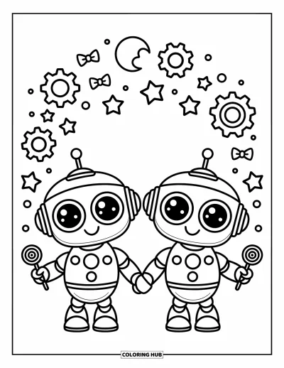 Dibujo de robots para colorear para adultos: Dos robots adorables con paletas están bajo estrellas, engranajes y moños flotantes