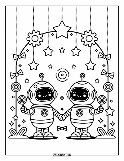 Dibujo de robots para colorear para adultos: Dos robots alegres con paletas están bajo un arco de estrellas y pequeños moños