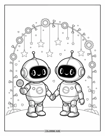 Dibujo de robots para colorear para adultos: Dos robots tiernos se toman de la mano con paletas bajo un arco de estrellas y engranajes