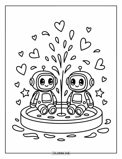 Dibujo de robots para colorear para adultos: Dos robots tiernos se sientan en una fuente rodeados de corazones y estrellas de fantasía