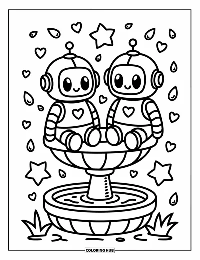 Dibujo de robots para colorear para adultos: Dos robots tiernos se sientan en una fuente con gotas de agua en forma de estrella y corazón