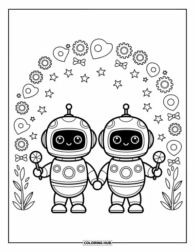 Dibujo de robots para colorear para adultos: Dos robots felices tomados de la mano están bajo un arco de estrellas y pequeños engranajes