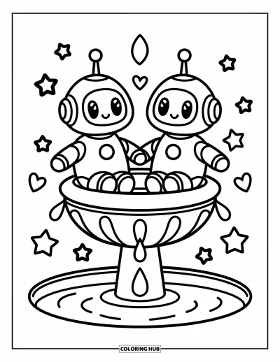 Dibujo de robots para colorear para adultos: Dos robots kawaii se sientan junto a una fuente rodeados de gotas juguetonas de corazón y estrella