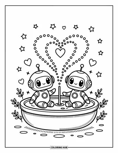 Dibujo de robots para colorear para adultos: Dos robots kawaii se sientan junto a una fuente con gotas juguetonas de estrella y corazón