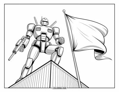 Dibujo de robots para colorear para niños: Un robot listo para la batalla está sobre un rascacielos con una bandera ondeando a su lado