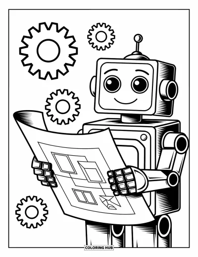Dibujo de robots para colorear para niños: Un robot de forma cuadrada sostiene un plano con líneas definidas y engranajes girando alrededor