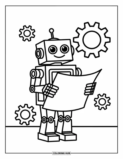 Dibujo de robots para colorear para niños: Un robot de forma cuadrada sostiene un plano con engranajes girando suavemente al fondo