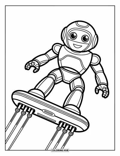 Dibujo de robots para colorear para niños: Un robot alegre se desliza en hoverboard con propulsores y ojos grandes y expresivos