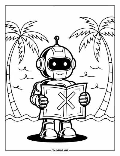 Dibujo de robots para colorear para niños: Un robot alegre sostiene un mapa del tesoro con palmeras y olas detrás