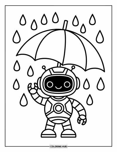 Dibujo de robots para colorear para niños: Un robot alegre sostiene un paraguas con gotas de lluvia juguetonas cerca