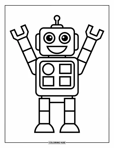 Dibujo de robots para colorear para niños: Un robot alegre hecho de formas saluda con ambos brazos con emoción