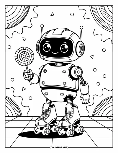 Dibujo de robots para colorear para niños: Un robot alegre en patines sostiene una paleta con formas juguetonas al fondo