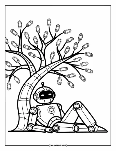 Dibujo de robots para colorear para niños: Un robot alegre descansa junto a un árbol de hojas de engranaje con ramas de diseño juguetón