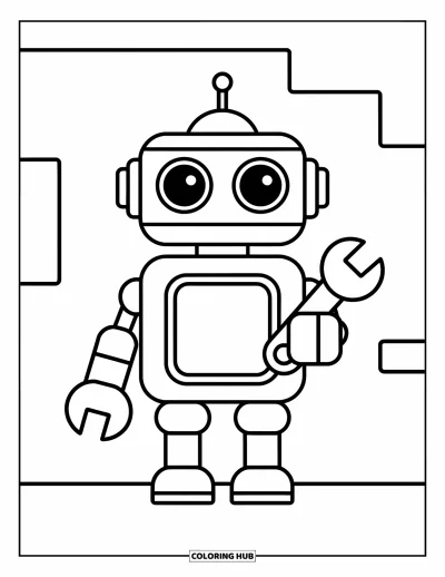 Dibujo de robots para colorear para niños: Un robot alegre con cuerpo cilíndrico sostiene una llave de juguete
