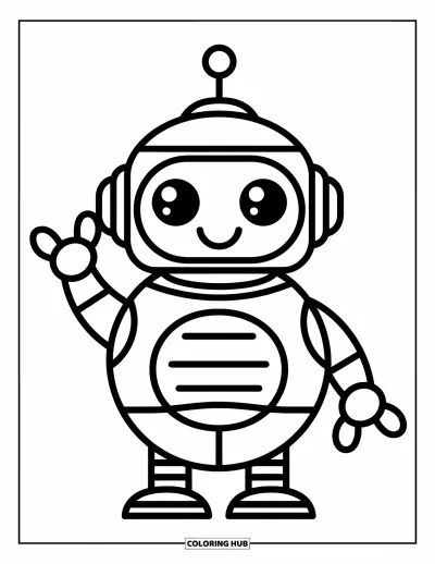 Dibujo de robots para colorear para niños: Un robot alegre con una pequeña antena saluda de forma juguetona