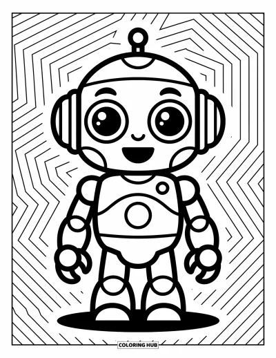 Dibujo de robots para colorear para niños: Un robot alegre con orejas de engranaje está entre pequeños engranajes juguetones