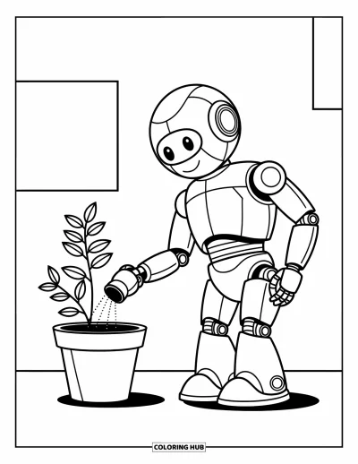Dibujo de robots para colorear para niños: Un robot alegre de brazos largos riega una planta con hojas frondosas y formas suaves alrededor