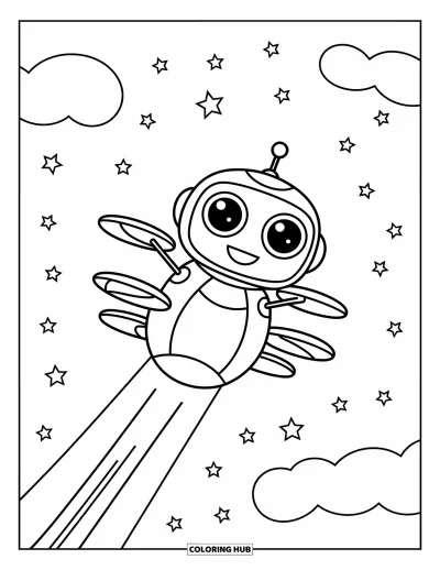 Dibujo de robots para colorear para niños: Un robot alegre con hélices flota entre estrellas y nubes en el cielo