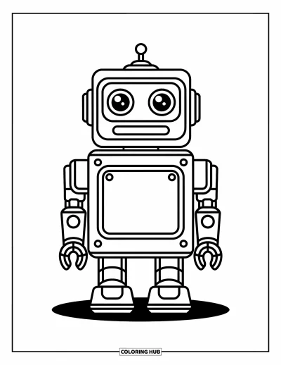 Dibujo de robots para colorear para niños: Un robot alegre de patas cortas y cuerpo cuadrado sonríe con entusiasmo