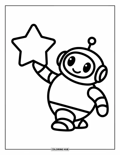 Dibujo de robots para colorear para niños: Un robot regordete sostiene una gran estrella con una sonrisa de alegría