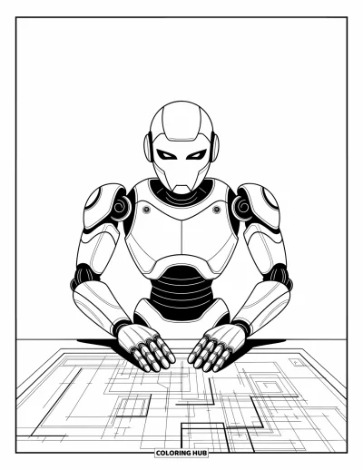 Dibujo de robots para colorear para niños: Un robot inventor confiado dibuja ideas en una pantalla de planos digitales