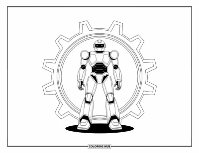 Dibujo de robots para colorear para niños: Un robot confiado está dentro de un engranaje enorme lleno de diseños detallados