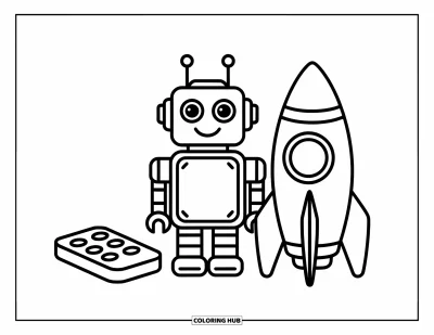 Dibujo de robots para colorear para niños: Un robot con forma de cubo está junto a un cohete de juguete y un control remoto