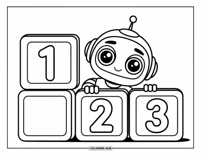 Dibujo de robots para colorear para niños: Un robot tierno se asoma de forma juguetona detrás de bloques de juguete con números