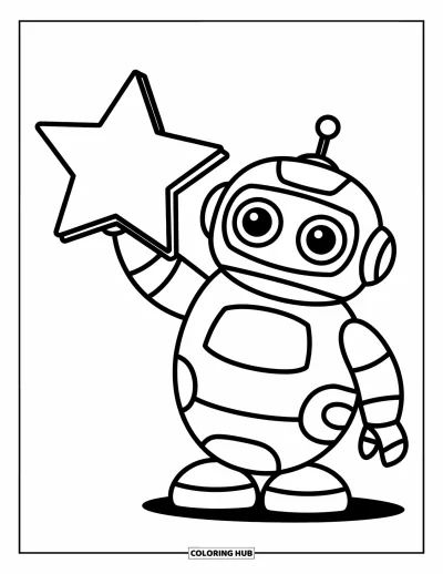 Dibujo de robots para colorear para niños: Un robot tierno de ojos grandes sostiene una estrella con una mano