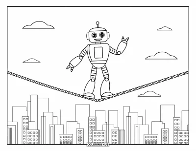 Dibujo de robots para colorear para niños: Un robot concentrado se equilibra en una cuerda floja con nubes y líneas de brisa alrededor