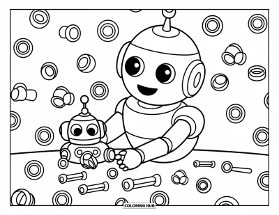 Dibujo de robots para colorear para niños: Un robot amistoso construye un robot pequeño con tuercas y tornillos esparcidos alrededor