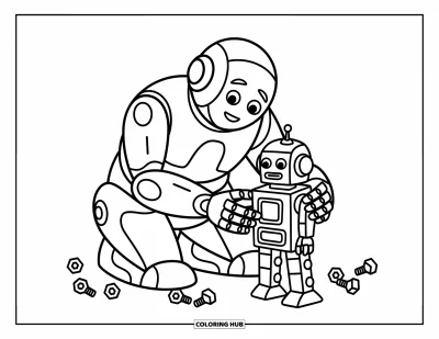 Dibujo de robots para colorear para niños: Un robot amistoso arma con cuidado un robot pequeño con tuercas y tornillos cerca