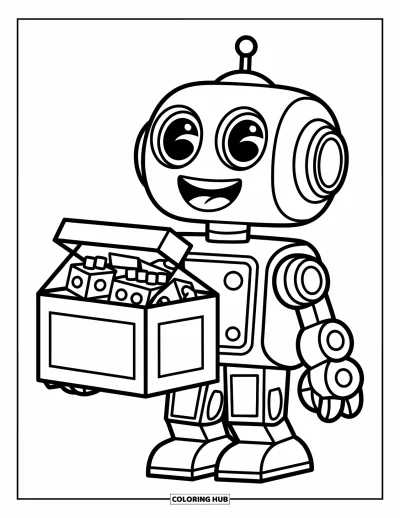 Dibujo de robots para colorear para niños: Un robot amistoso lleva una caja de bloques de construcción con estrellas y corazones cerca